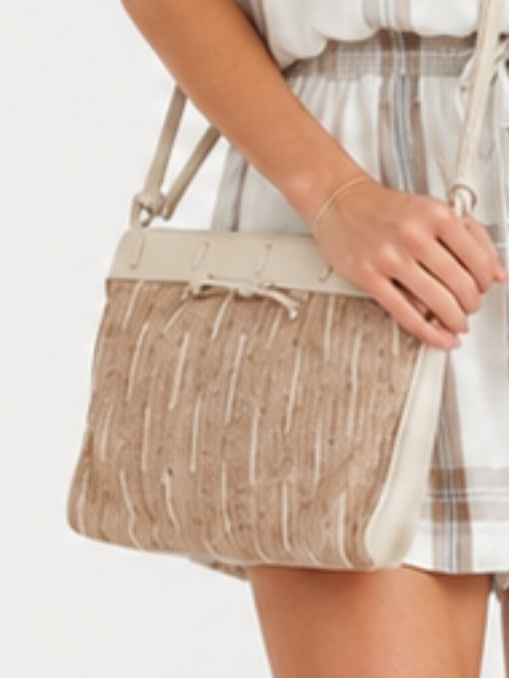Anne Klein For Calderon 1980s Cream and Brown Textured Shoulder Bag